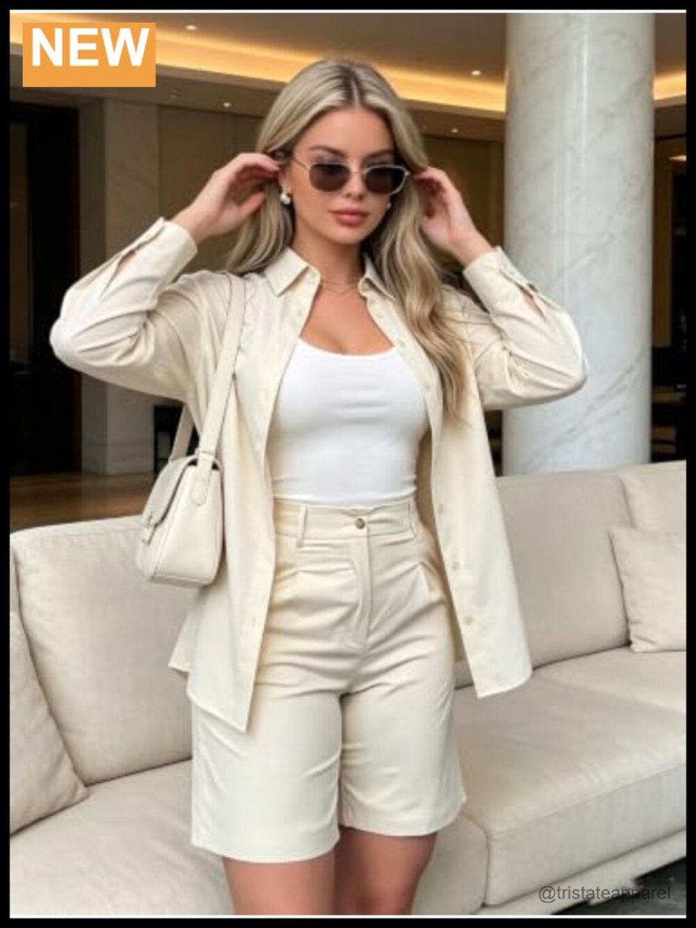 2 Piece Shirt Outfit Long Sleeve Button Down Top High Waisted Shorts Set - Picture 6 of 6